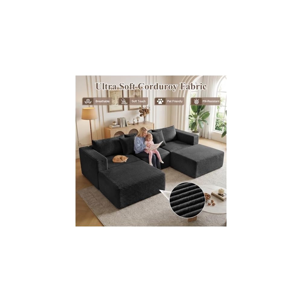 110" Boneless Couches for Living Room - U Shape Boneless Couch with Ottoman Deep Seat Sectional Sofa Comfy No Assembly Cloud Memory Foam Sofas Set (Black)