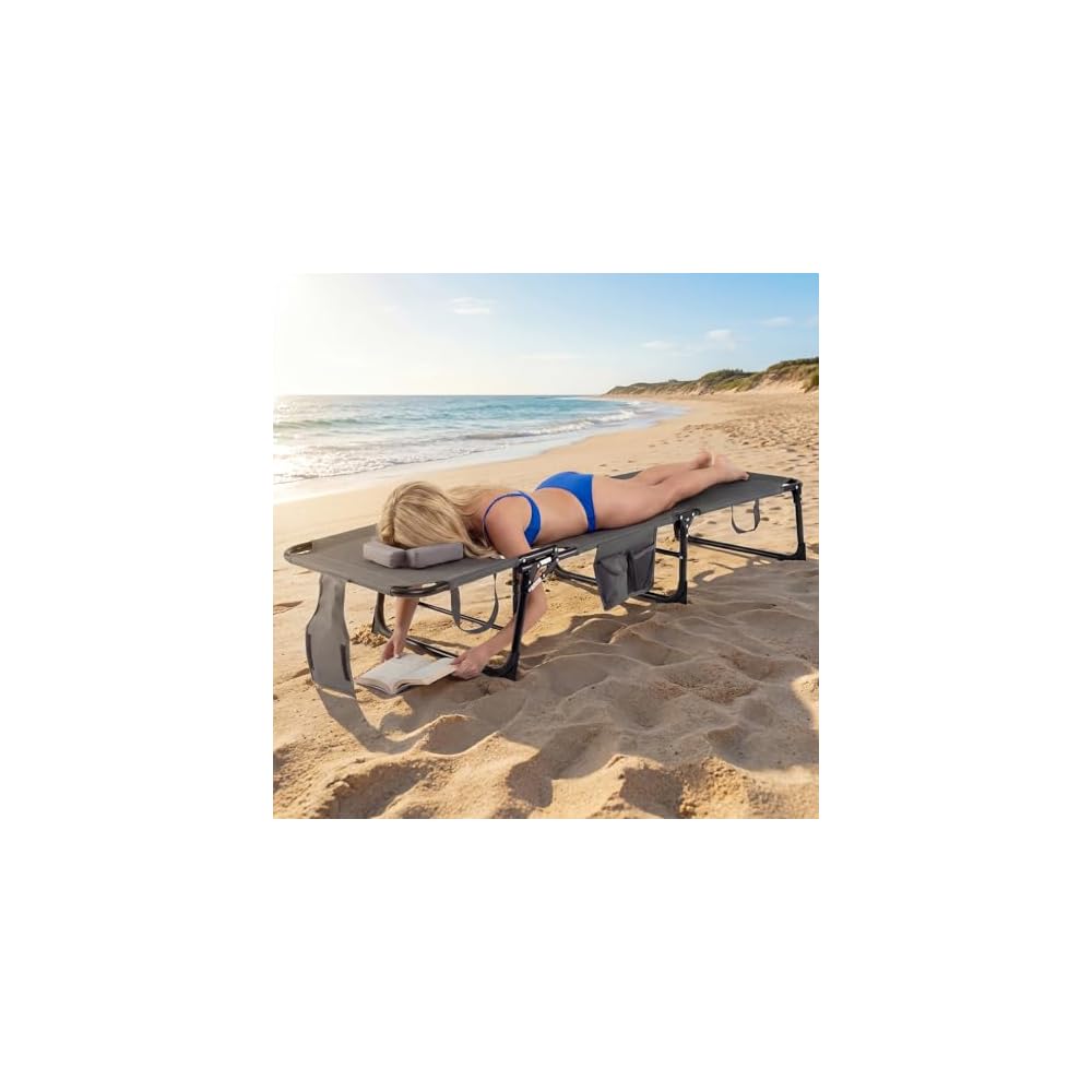 COSTWAY Tanning Chair with Face Hole, Folding Beach Lounge Chair with 4-Position Adjustable Backrest, Pillow & Side Pocket, Foldable Chaise Lounge Chair Outdoor for Sunbathing, Camping (1, Grey)