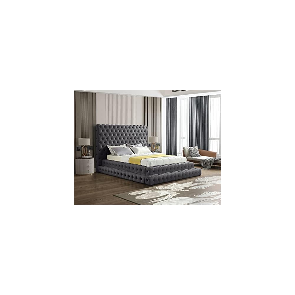 Meridian Furniture RevelGrey-Q Revel Collection Modern | Contemporary Grey Velvet Upholstered Bed with Deep Button Tufting, 85" W x 98" D x 60" H, Grey, Queen
