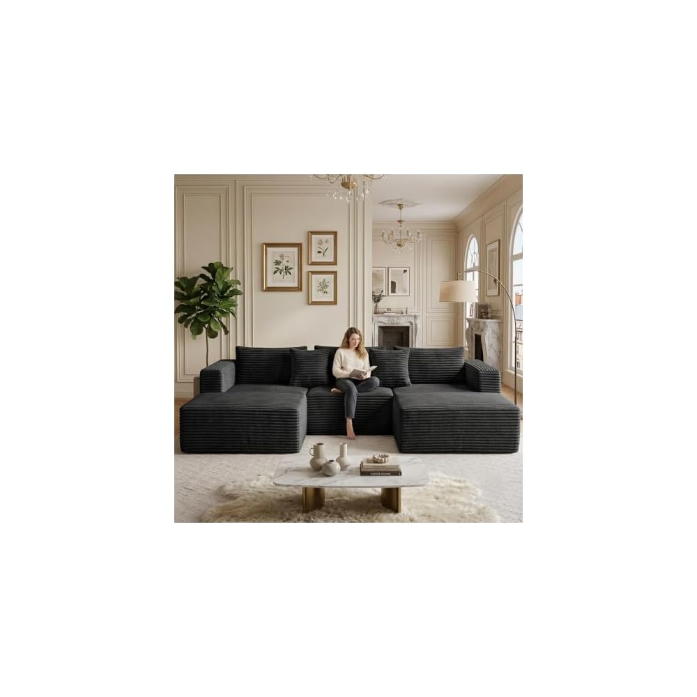 110" Boneless Couches for Living Room - U Shape Boneless Couch with Ottoman Deep Seat Sectional Sofa Comfy No Assembly Cloud Memory Foam Sofas Set (Black)