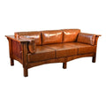 Pemberly Row Modern Leather Sofa, 84" Wide, Solid Quarter-Sawn White Oak, Russet Brown Finish, Contemporary Style, Soft Back Cushions, Firm Seat Cushions, Living Room Seating