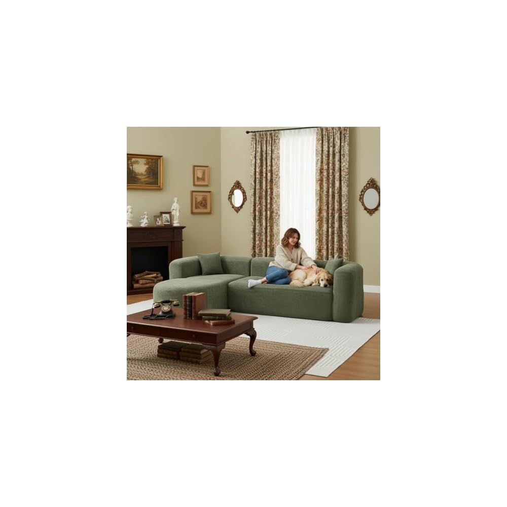 KEIKI 109.4" Curved Sectional Sofa, Chenille Cloud Couch with 2 Pillows, L-Shape Boneless Left Facing Sofa for Living Room, Guest, Bedroom, Green
