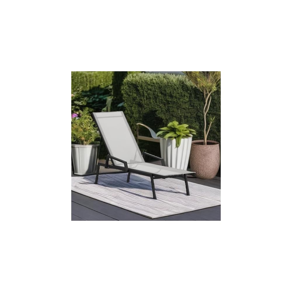 Flash Furniture Brazos Adjustable Chaise Lounge Chair with Arms, All-Weather Outdoor Five-Position Recliner, Black/Gray