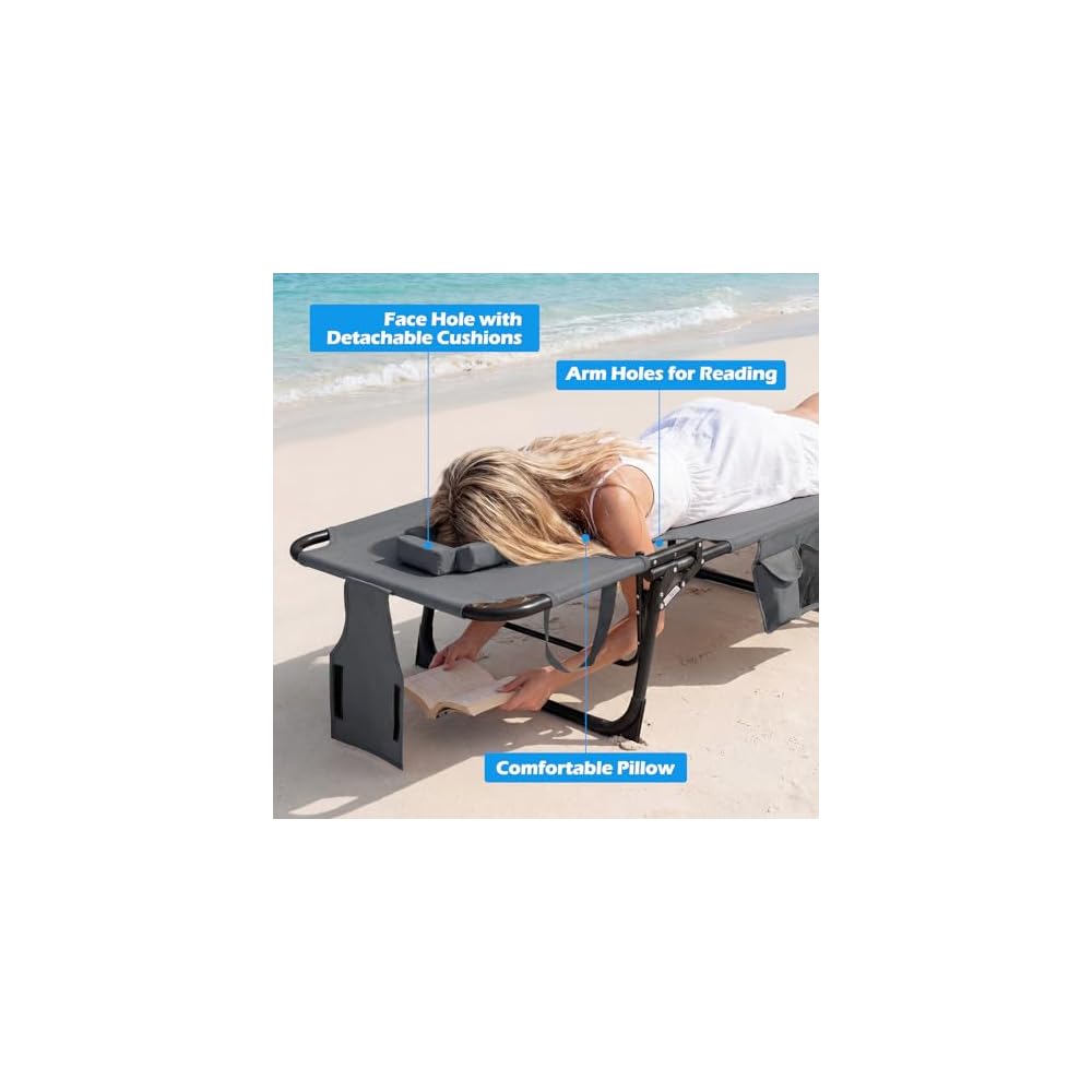 COSTWAY Tanning Chair with Face Hole, Folding Beach Lounge Chair with 4-Position Adjustable Backrest, Pillow & Side Pocket, Foldable Chaise Lounge Chair Outdoor for Sunbathing, Camping (1, Grey)