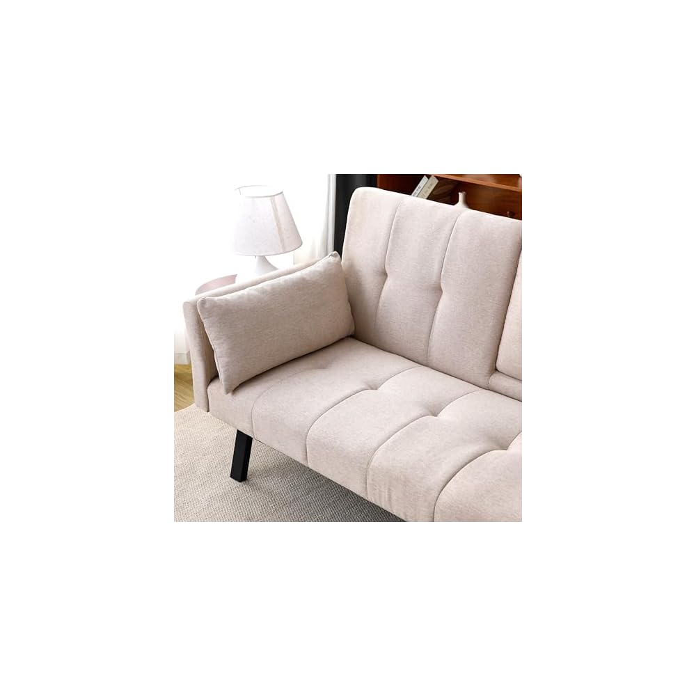 KEIKI 70" Loveseat Sofa Bed with Cup Holders & Side Pockets, Tufted Backrest, 3 in 1 Cotton & Linen Convertible Sleeper for Small Spaces, Beige