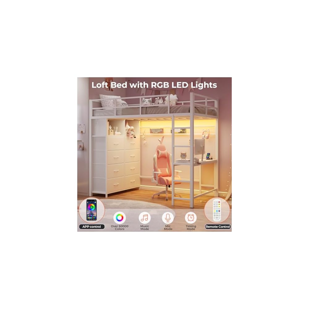 BTHFST Twin Size Loft Bed with Desk and 8 Storage Drawers, LED Lights
