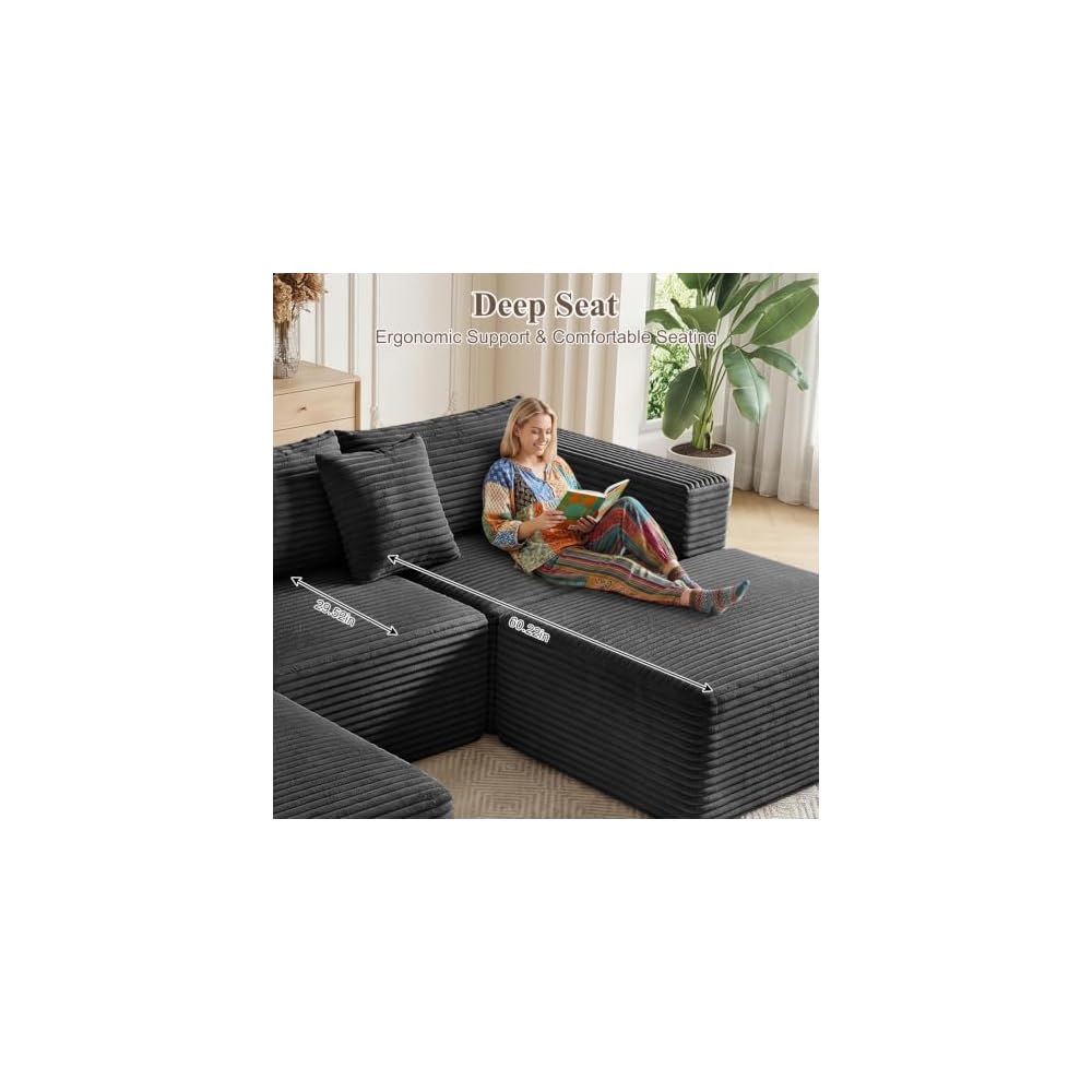 110" Boneless Couches for Living Room - U Shape Boneless Couch with Ottoman Deep Seat Sectional Sofa Comfy No Assembly Cloud Memory Foam Sofas Set (Black)