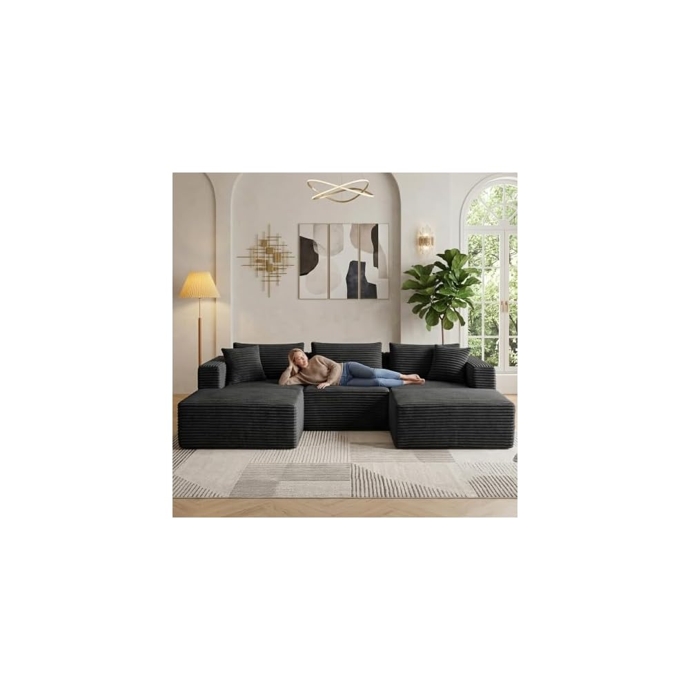 110" Boneless Couches for Living Room - U Shape Boneless Couch with Ottoman Deep Seat Sectional Sofa Comfy No Assembly Cloud Memory Foam Sofas Set (Black)