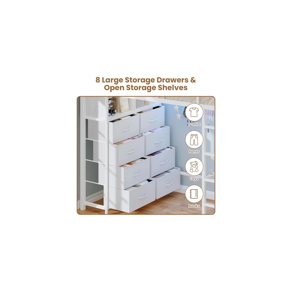 BTHFST Twin Size Loft Bed with Desk and 8 Storage Drawers, LED Lights