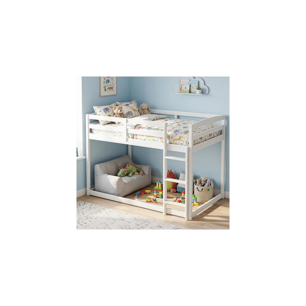 GIANTEX Full Over Full Bunk Bed, Solid Wood Kids Bunk Bed with Full-Length Guardrails, Integrated Ladder & Anti-Tippling Kits, Low Bunk Beds with Slats Support for Kids, Teens, White