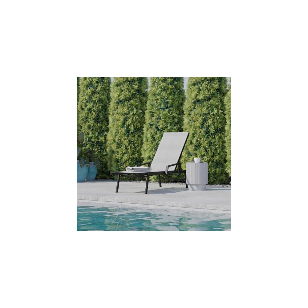 Flash Furniture Brazos Adjustable Chaise Lounge Chair with Arms, All-Weather Outdoor Five-Position Recliner, Black/Gray