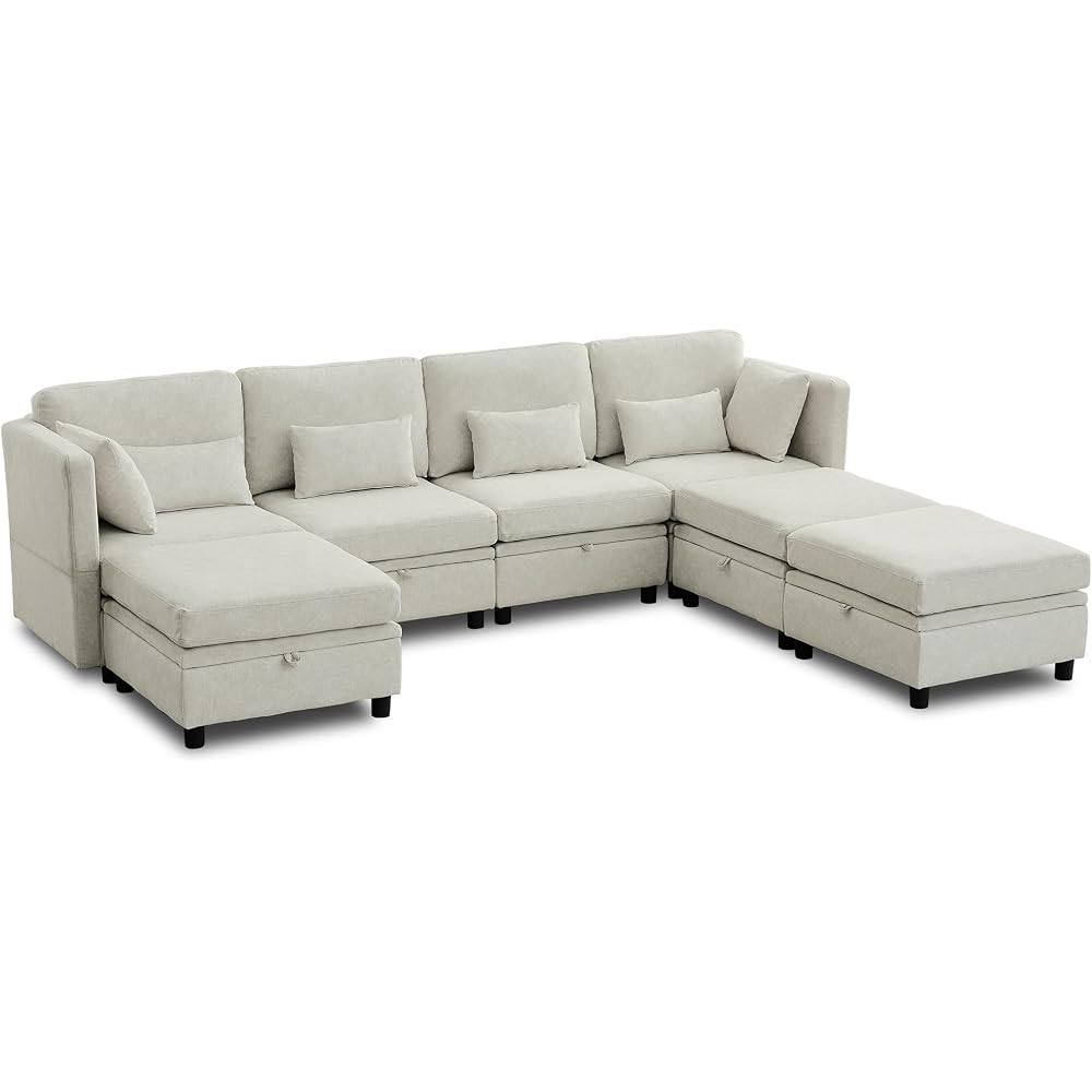 Korser 112" Modular Sectional Sofa with Storage, U Shaped Sectional Sofa for Living Room, Convertible Cloud Sectional Couch with Chaise, 7 Seat Couch with Cushions, Adjustable Backrest Design, Beige