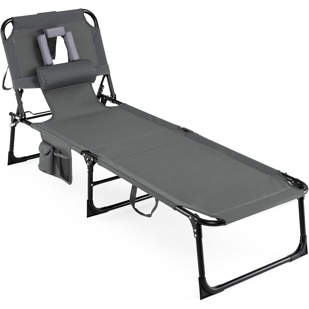 COSTWAY Tanning Chair with Face Hole, Folding Beach Lounge Chair with 4-Position Adjustable Backrest, Pillow & Side Pocket, Foldable Chaise Lounge Chair Outdoor for Sunbathing, Camping (1, Grey)