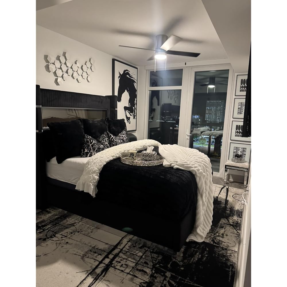 AMERLIFE Cal King Fireplace Bed Frame, Upholstered Headboard, Light Gray