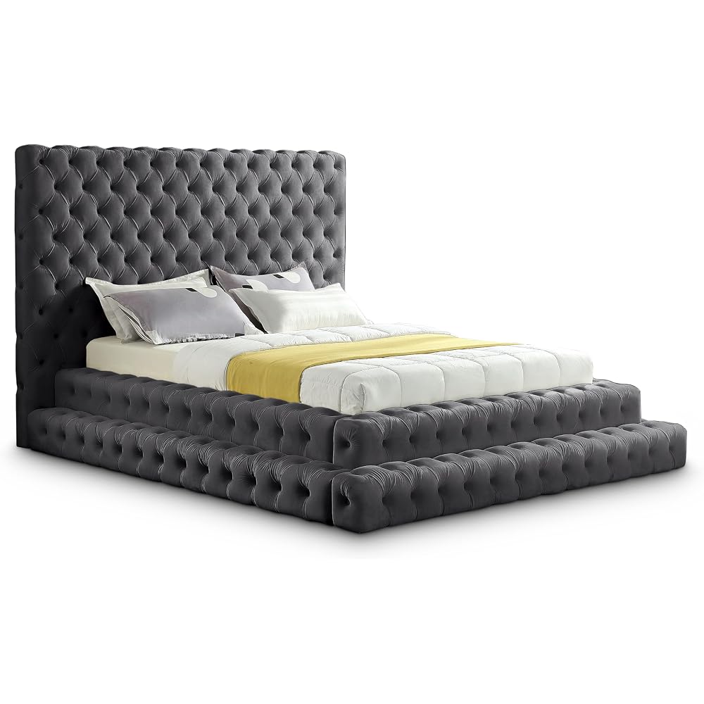Meridian Furniture RevelGrey-Q Revel Collection Modern | Contemporary Grey Velvet Upholstered Bed with Deep Button Tufting, 85" W x 98" D x 60" H, Grey, Queen