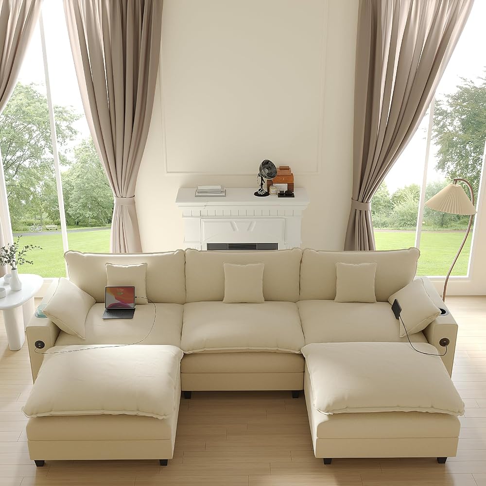 KCGKCG 116" Modular U Shaped Cloud Couch, Chenille Sectional Couches for Living Room with Ottoman, Deep Seat Sofa Cloud Sectional Couch with Charging Station, Cup Holder, Side Pocket, Beige