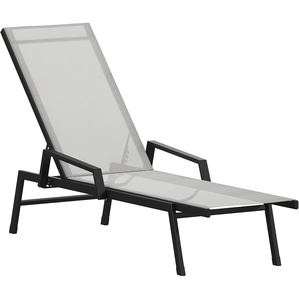 Flash Furniture Brazos Adjustable Chaise Lounge Chair with Arms, All-Weather Outdoor Five-Position Recliner, Black/Gray