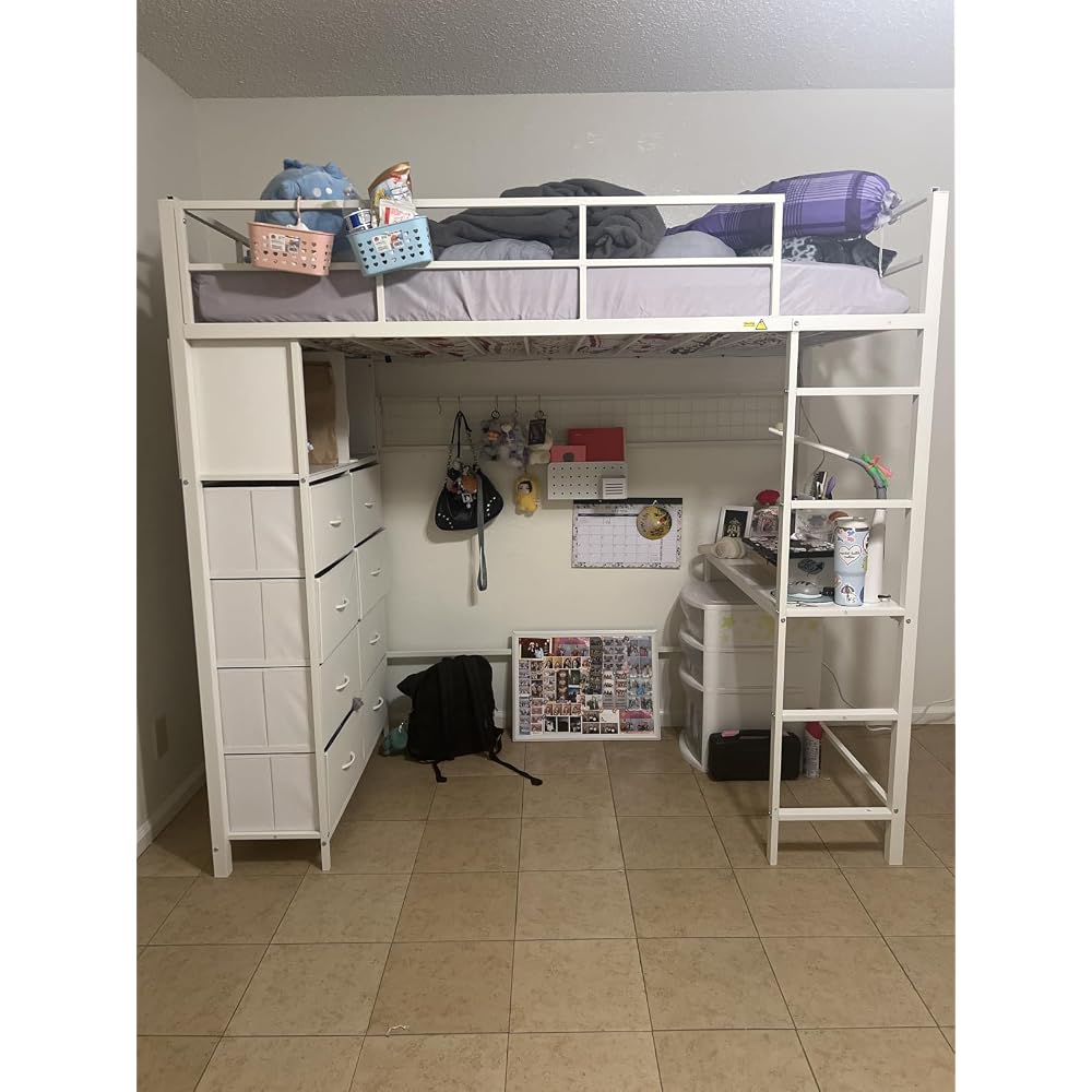 BTHFST Twin Size Loft Bed with Desk and 8 Storage Drawers, LED Lights