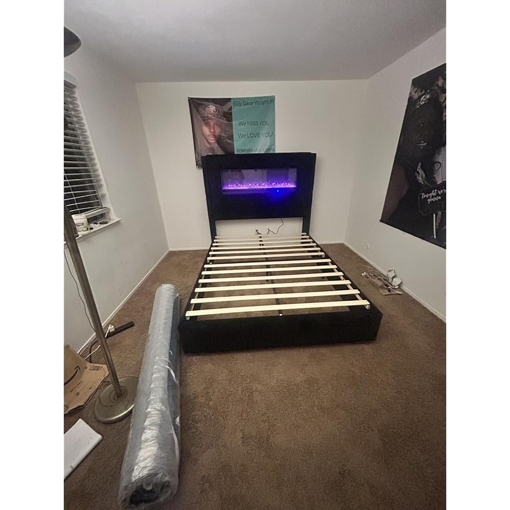 AMERLIFE Cal King Fireplace Bed Frame, Upholstered Headboard, Light Gray