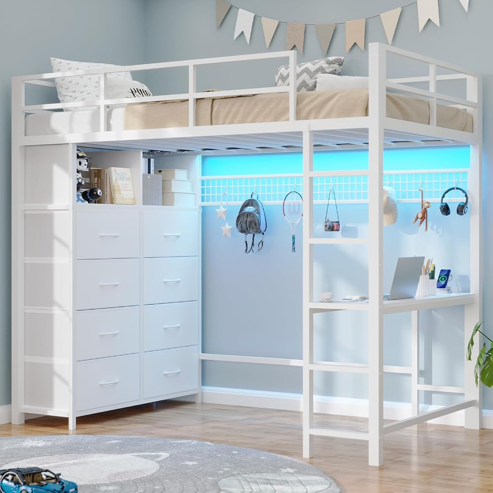 BTHFST Twin Size Loft Bed with Desk and 8 Storage Drawers, LED Lights
