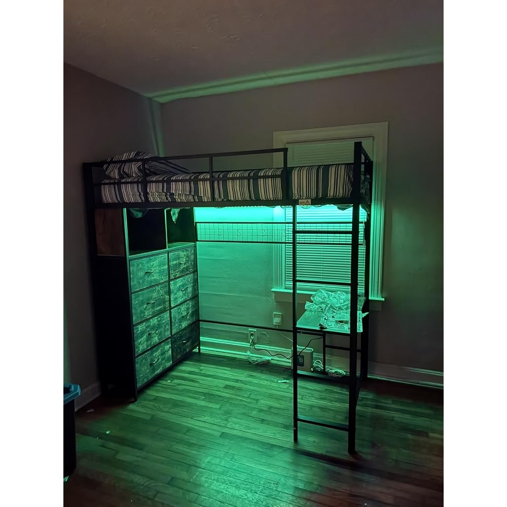 BTHFST Twin Size Loft Bed with Desk and 8 Storage Drawers, LED Lights