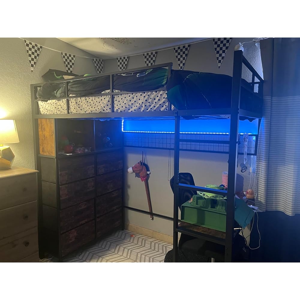 BTHFST Twin Size Loft Bed with Desk and 8 Storage Drawers, LED Lights