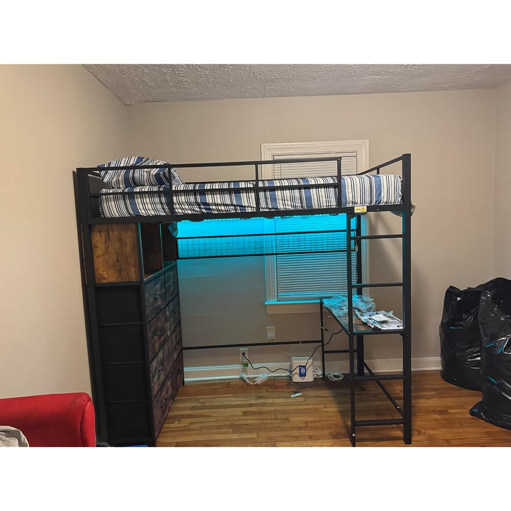 BTHFST Twin Size Loft Bed with Desk and 8 Storage Drawers, LED Lights