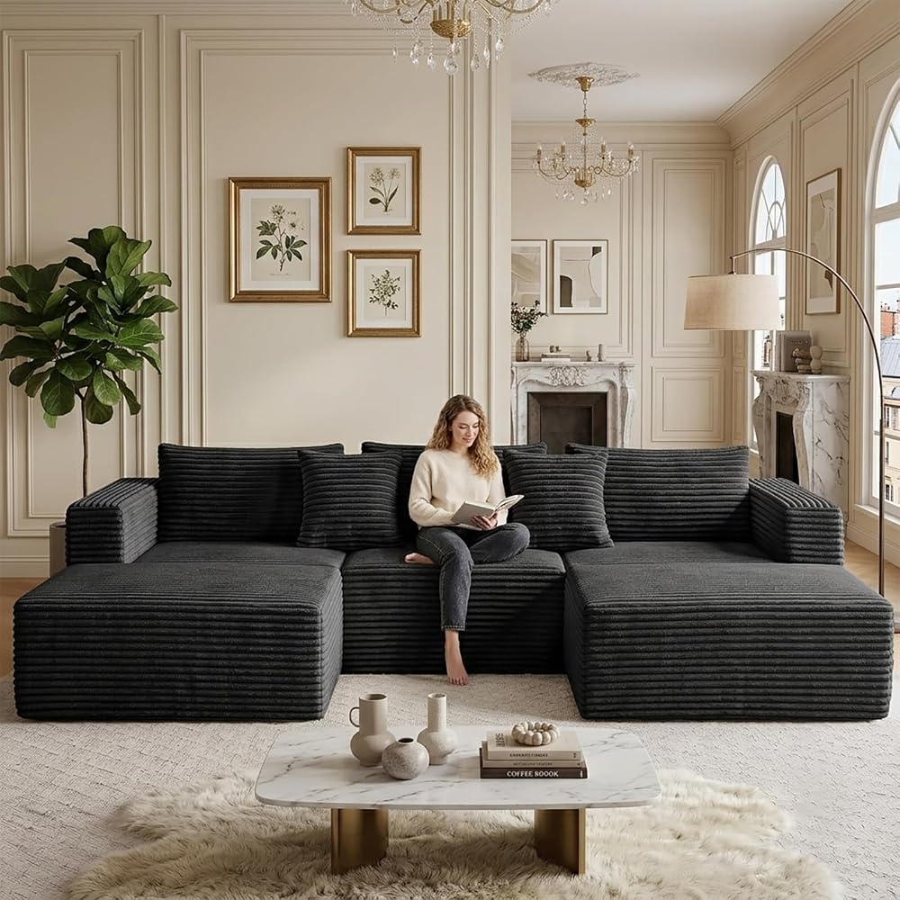 110" Boneless Couches for Living Room - U Shape Boneless Couch with Ottoman Deep Seat Sectional Sofa Comfy No Assembly Cloud Memory Foam Sofas Set (Black)