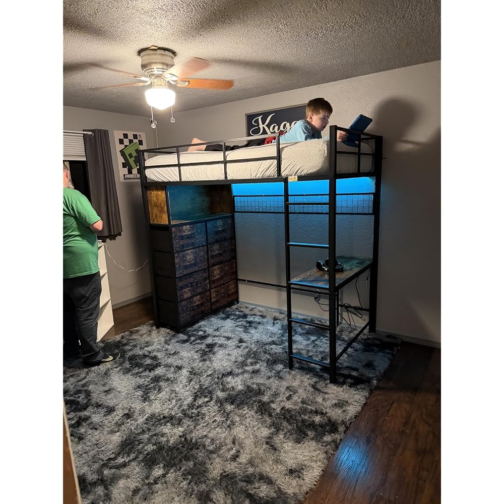 BTHFST Twin Size Loft Bed with Desk and 8 Storage Drawers, LED Lights