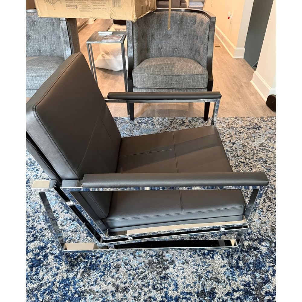 Atlas Modern Accent Chair in Blended Leather, Chrome / Gray