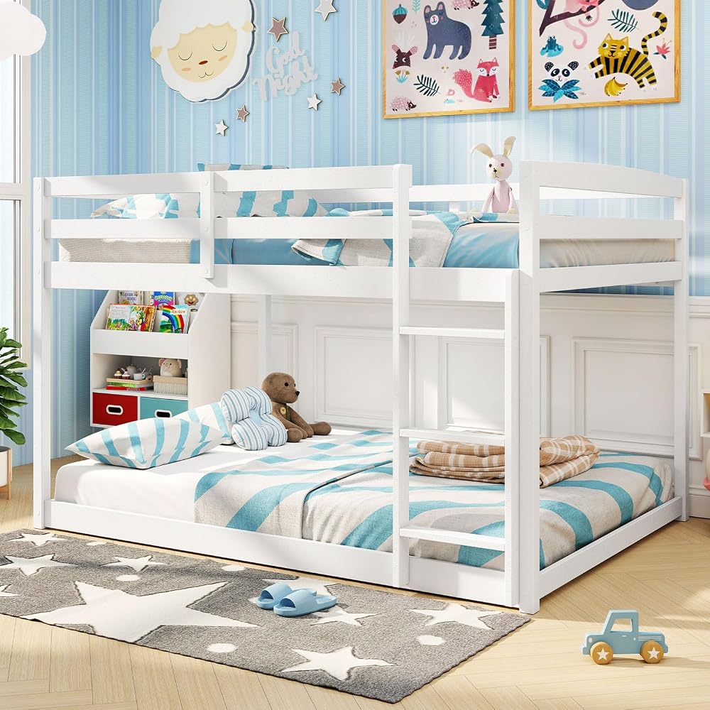 GIANTEX Full Over Full Bunk Bed, Solid Wood Kids Bunk Bed with Full-Length Guardrails, Integrated Ladder & Anti-Tippling Kits, Low Bunk Beds with Slats Support for Kids, Teens, White
