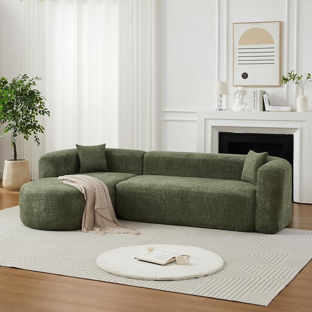 KEIKI 109.4" Curved Sectional Sofa, Chenille Cloud Couch with 2 Pillows, L-Shape Boneless Left Facing Sofa for Living Room, Guest, Bedroom, Green